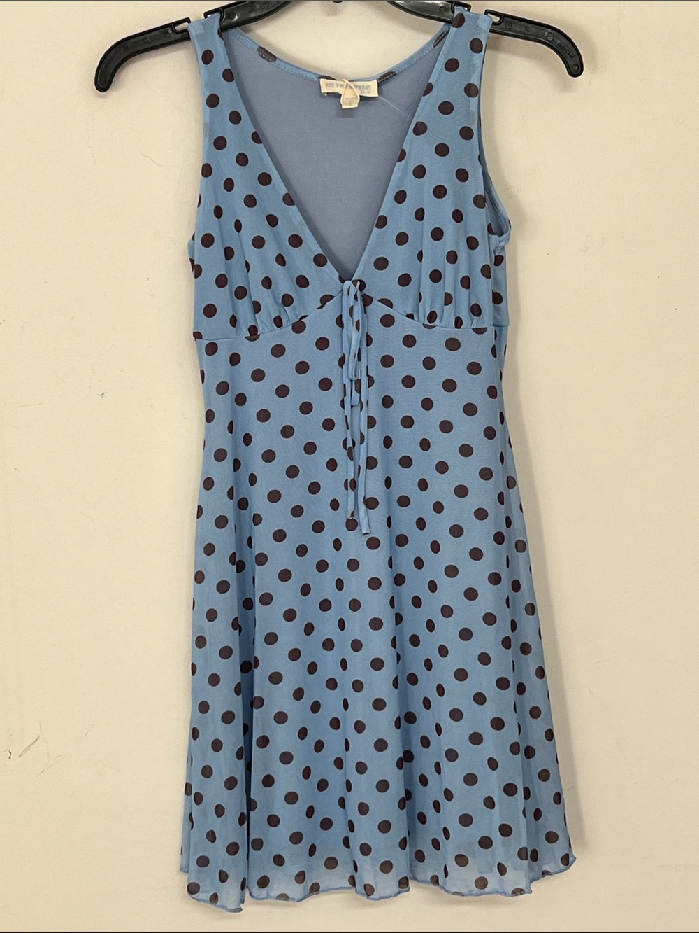 🌞See You Monday Light Blue flowy midi dress w/Brown polka dots women size S